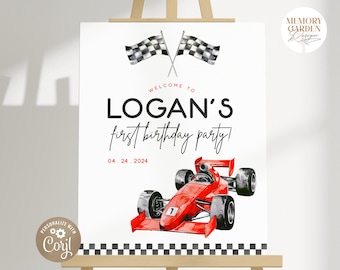EDITABLE Fast One Boy First Birthday Welcome sign I Vintage Red Race car DIY template I Racing car First Year Sign I Instant Download 043 WS