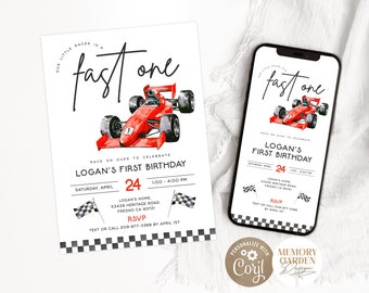 EDITABLE FAST One Boy First Birthday Invitation I Vintage Race car DIY 1st Evite I Watercolor Red Racing car Invite I Instant Download 043 I