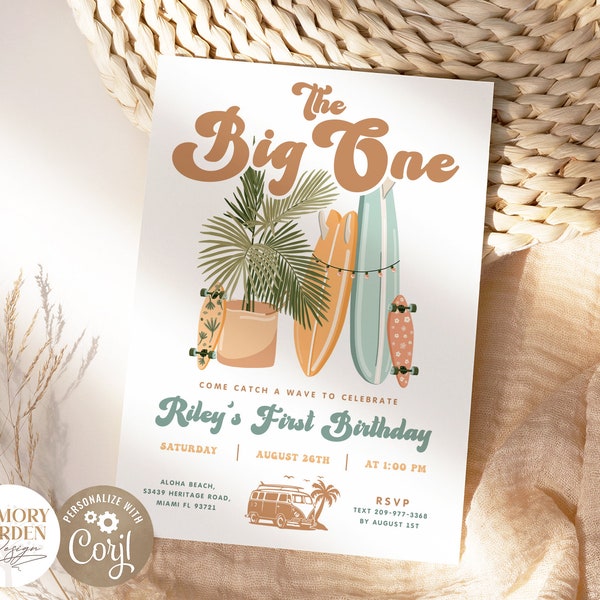 The Big ONE Editable First Birthday invitation I Surfing Wave Birthday Digital Invite I Retro Beach Summer Party I Instant Download 016 I