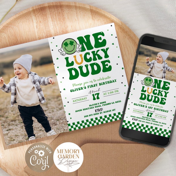 EDITABLE St Patricks First Birthday Invitation with photo I One Lucky Dude Evite I Shamrock Smiley Face Lucky One I Instant Download 033 Ip