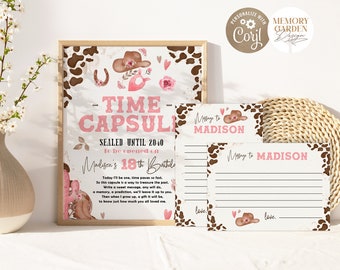 May include: A pink and brown cow print time capsule with the text "Time Capsule" and "Sealed Until 2040" with a pink cowboy hat and boots. Two blank cards with the text "Message to Madison" and "Love" in pink and brown cow print.