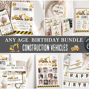 EDITABLE Construction First Birthday Party BUNDLE I Dump Trucks Excavator Digger vehicles I Boy Cars Decorations I Instant Download 055 B
