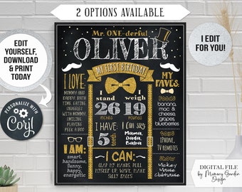EDITABLE Mr OneDerful Bowtie First Birthday Chalkboard Poster. Printable milestone for boy smash cake party. Personalized Digital file (170)