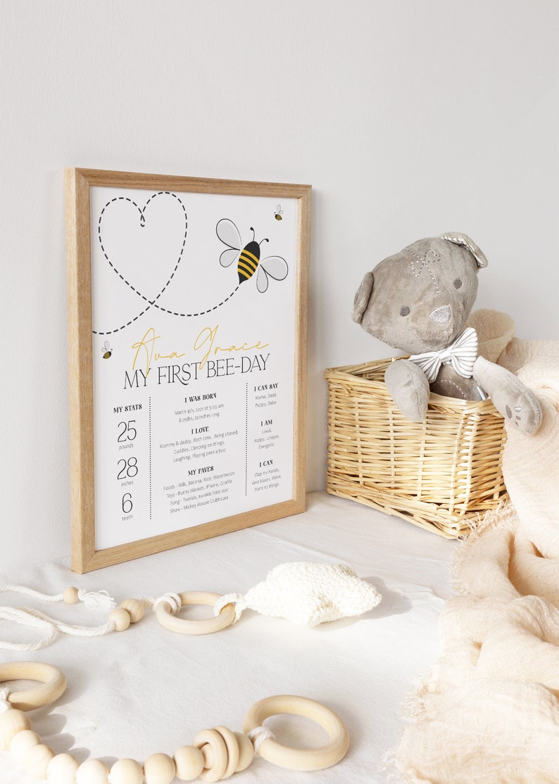 May include: A framed print with a bee theme, featuring a cute bee illustration and the text "Ava Grace My First Bee-Day". The print includes details about the baby's stats, such as weight, height, and age.