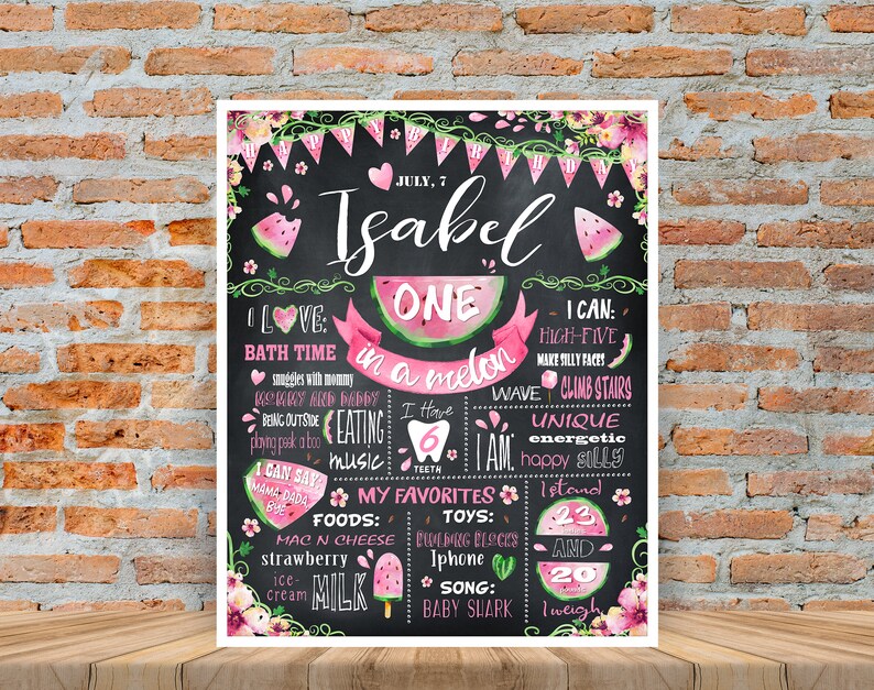 Personalized Digital file 068black One in a melon First Birthday Chalkboard Poster Printable milestone banner for girl or boy party