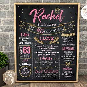 Póster de pizarra de cumpleaños rosa dorado para adultos 30, 40, 50. Banner de hito para pastel de fiesta. Archivo Digital Personalizado (014)