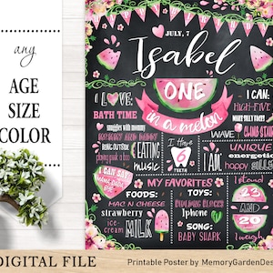 One in a melon First Birthday Chalkboard Poster Printable Meilenstein Banner für Mädchen oder Jungen Party. Personalisierte Digitale Datei (068black)