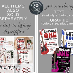 May include: A set of printable party invitations and decorations featuring a rock and roll theme. The invitations feature a red electric guitar with the text "Another One Bites the Dust" and "Let's Rock!" The decorations include a banner, tags, and a time capsule.