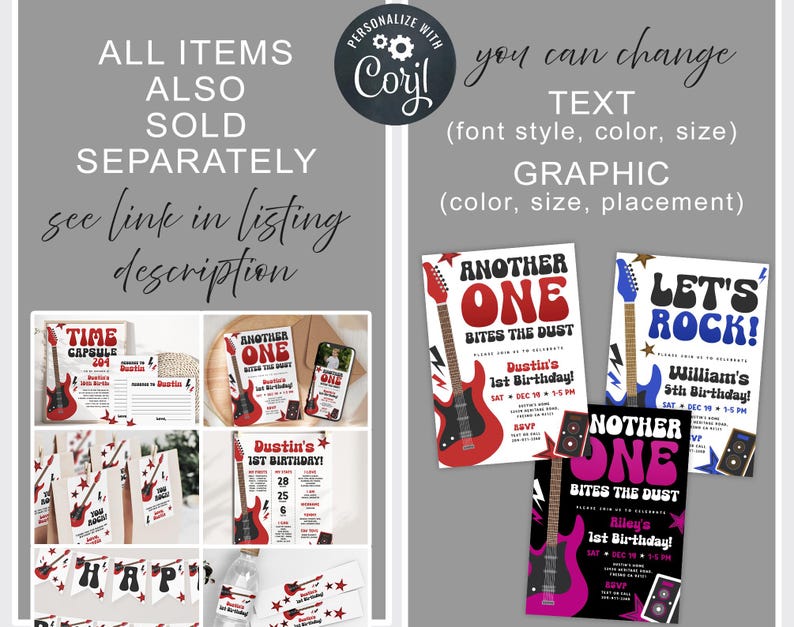 May include: A set of printable party invitations and decorations featuring a rock and roll theme. The invitations feature a red electric guitar with the text "Another One Bites the Dust" and "Let's Rock!" The decorations include a banner, tags, and a time capsule.