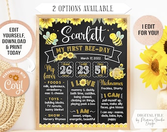 EDITABLE Honey Bee First Birthday Chalkboard Poster. Printable bee-day milestone for smash cake party. Personalized Digital file (189)
