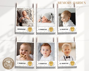 EDITABLE One Happy Dude Boy First Birthday Photo Banner I Smiley Face Emoji Monthly milestone birthday banner I Instant Download 008 PB