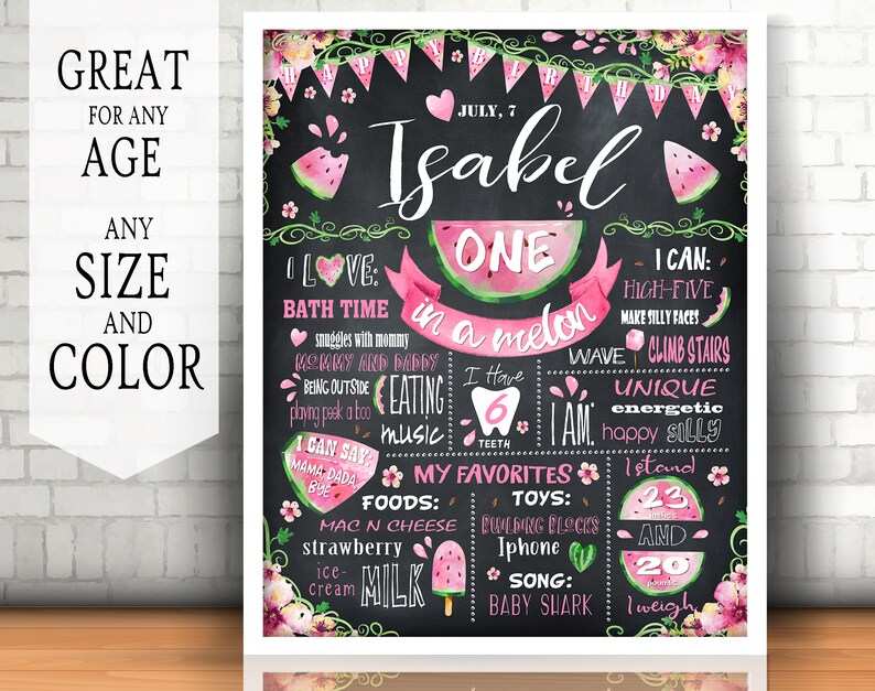 Personalized Digital file 068black One in a melon First Birthday Chalkboard Poster Printable milestone banner for girl or boy party