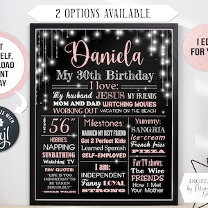 Póster de pizarra EDITABLE con luces brillantes para adultos del 30.º 40.º 50.º cumpleaños. Pastel smash de fiesta con pancartas de hitos. Archivo digital personalizado (202)