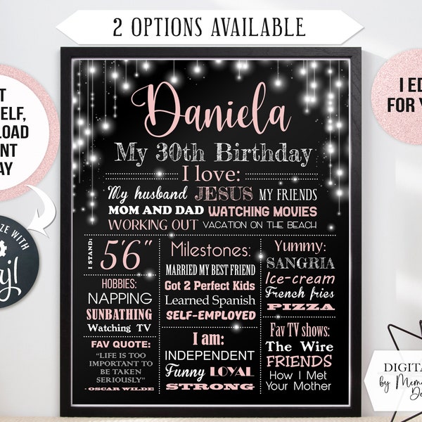EDITABLE Glitter Lights Adult 30th 40th 50th Birthday Chalkboard Poster. Milestone banner party smash cake. Personalized Digital file (202)