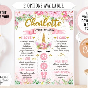 MODIFICABILE Simpatico unicorno acquerello primo compleanno lavagna Poster Banner stampabile per la festa delle ragazze. File digitali personalizzati (180)