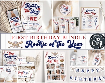 EDITABLE Rookie of the Year First Birthday Party BUNDLE I Baseball Boy Theme 1st Decor I One Sports template kit I Instant Download 026 B