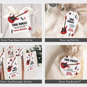 May include: Four different sizes of favour tags featuring a red electric guitar with the text "You Rock!" and "Thank you for making my birthday so special. Love, Dustin". The tags are square, rectangular, round, and a traditional favour tag shape.