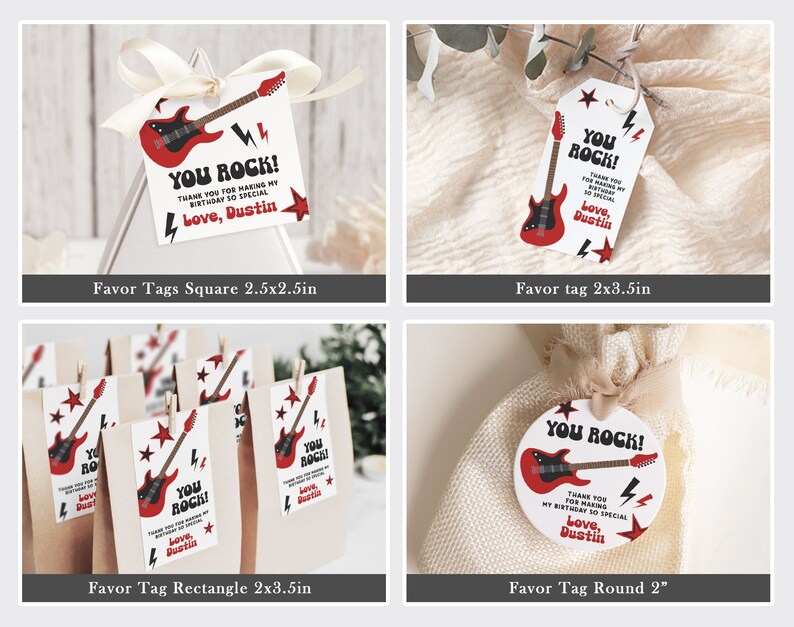 May include: Four different sizes of favour tags featuring a red electric guitar with the text "You Rock!" and "Thank you for making my birthday so special. Love, Dustin". The tags are square, rectangular, round, and a traditional favour tag shape.