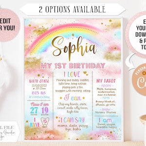 EDITABLE Gold Rainbow First Birthday Poster. Rainbow Printable Baby Milestone Board. Banner smash cake party. Personalized Digital file 188