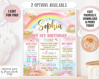 May include: A pink and blue first birthday sign with a rainbow and gold glitter. The sign says "Sophia My 1st Birthday" and includes details like birth stats, favorite foods, and things she can do. The sign is personalized with the name "Coril".