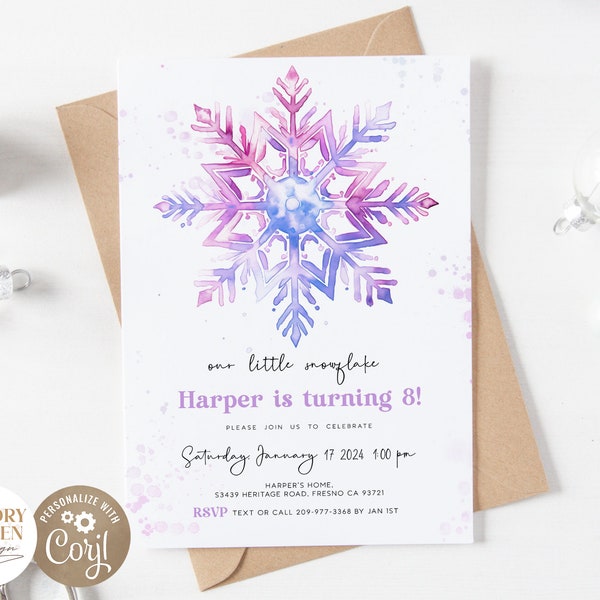 Watercolor Snowflake Birthday invitation I Printable Digital Snowflake party template I Winter Wonderful OneDerland I Instant Download 032 I