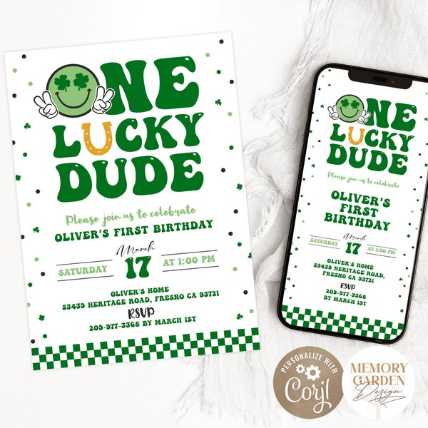 EDITABLE St Patricks First Birthday Invitation I One Lucky Dude 1st Evite I Shamrock Smiley Face Lucky One Invite I Instant Download 033 I