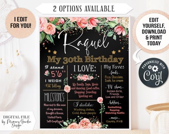 EDITABLE Flower Romantic Watercolor Adult 30th 40th 50th Birthday Chalkboard Poster. Milestone banner party. Personalized Digital file (004)