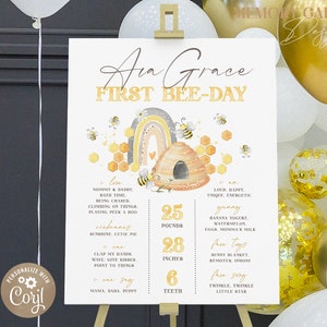EDITABLE Honey Bee First Birthday Stats Poster I Printable watercolor bee-day milestone smash cake party I Personalized Digital file 012-3