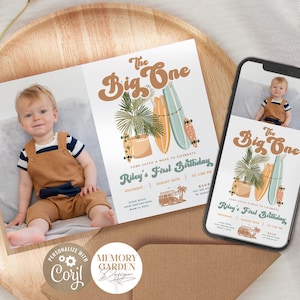 The Big ONE Editable First Birthday invitation with Photo I Surfing Wave Birthday Digital Invite I Beach Summer I Instant Download 016 Ip
