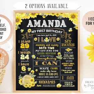 EDITIERBARE Honey Bee erster Geburtstag Chalkboard Poster. Meilenstein Banner zum Ausdrucken für die Smash Cake Party. Personalisierte Digitale Datei (161b)