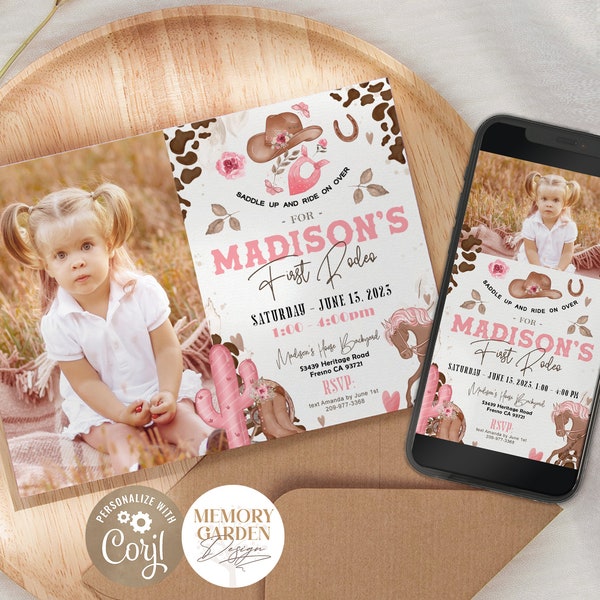 1st Rodeo invitation with photo I First Birthday Cowgirl party template I Printable Digital Wild West Western Evite. Instant Download 219 Ip