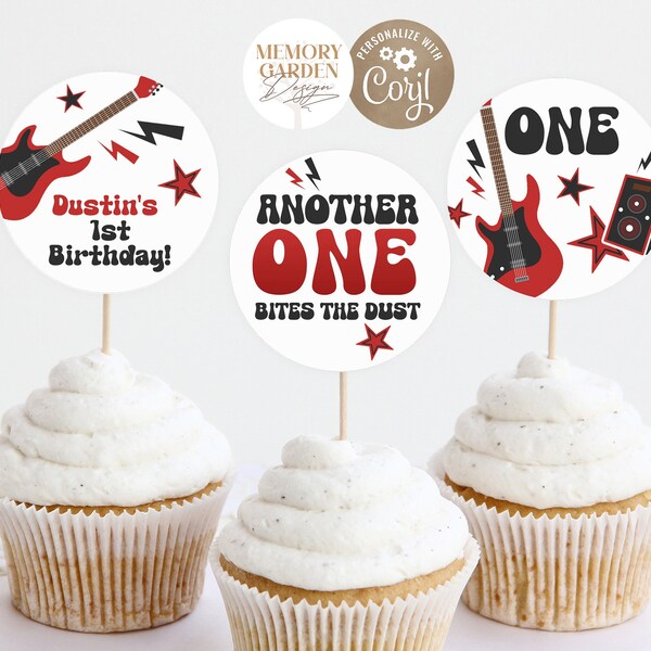 Another ONE Bites the Dust First Birthday cupcake toppers I One Rocks cake I Rock n Roll Theme Decor template I Instant Download 025 Ct