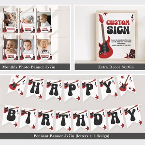 May include: A set of printable party decorations for a rock and roll themed birthday party. The set includes a monthly photo banner with 12 frames, a pennant banner that says "Happy Birthday", and a custom sign that says "Custom Sign".