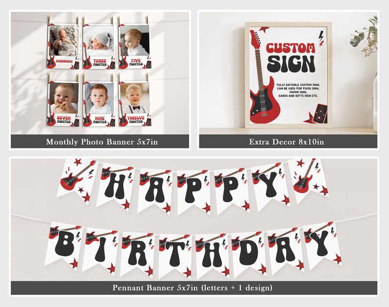 May include: A set of printable party decorations for a rock and roll themed birthday party. The set includes a monthly photo banner with 12 frames, a pennant banner that says "Happy Birthday", and a custom sign that says "Custom Sign".