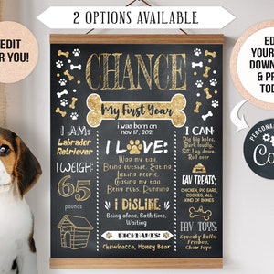 EDITABLE Puppy Dog Birthday Chalkboard Poster. Dog Printable milestone banner for a pet puppy - dog or cat. Personalized Digital file (203)