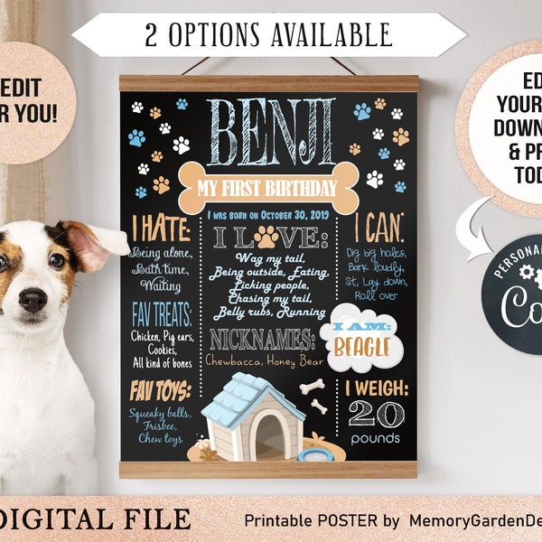 EDITABLE Puppy Dog Birthday Chalkboard Poster. Dog Printable milestone banner for a pet puppy - dog or cat. Personalized Digital file (138)