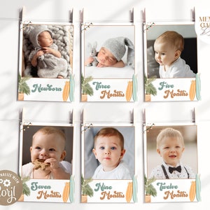 The Big ONE Editable First Birthday Photo Banner I Surfing Wave Monthly Cards I Retro Beach Summer Party milestone I Instant Download 016 PB