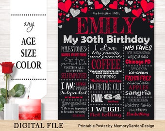 Silver Red Valentine Hearts Adult 30th 40th 50th Birthday Chalkboard Poster. Milestone banner for smash cake Personalized Digital file (156)