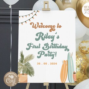 The Big ONE Editable First Birthday Welcome sign I Surfing Wave Birthday template I Retro Beach Summer First Year I Instant Download 016 WS