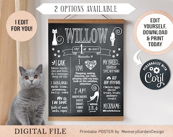 Puede incluir: Un póster imprimible estilo pizarra negra con una ilustración de gato y el texto "Willow, My 1st B-Day, November 17". El póster incluye información sobre el gato, como su raza, sus comidas favoritas y su apodo. El póster está personalizado con el nombre "Coril".