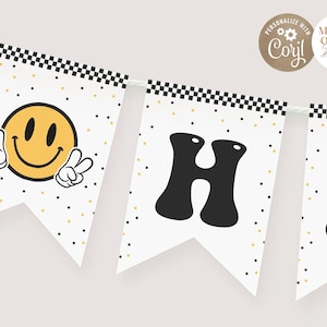 EDITABLE One Happy Dude Boy First Birthday High Chair Banner I Smiley Face Emoji Bunting Garland Flags template I Personalized file I 008 FB