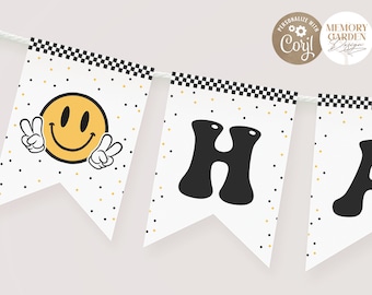 EDITABLE One Happy Dude Boy First Birthday High Chair Banner I Smiley Face Emoji Bunting Garland Flags template I Personalized file I 008 FB
