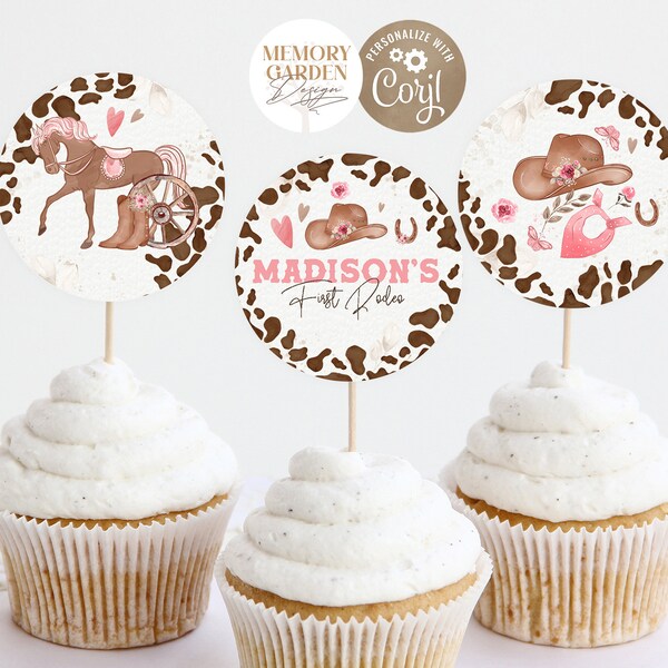 1st Rodeo Cowgirl cupcake toppers I First Birthday Cowgirl cake topper I Digital Wild West Western party I Instant Download 219 Ct