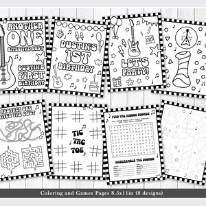 May include: Eight black and white printable colouring and activity pages for a first birthday party with a rock and roll theme. The pages include a guitar, a birthday cake, a maze, a tic-tac-toe game, a word search, and a connect-the-dots activity. The text on the pages includes "Another One Bites the Dust", "Dustin's 1st Birthday", "Let's Party!" and "Find the Hidden Words".