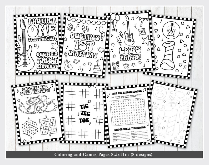 May include: Eight black and white printable colouring and activity pages for a first birthday party with a rock and roll theme. The pages include a guitar, a birthday cake, a maze, a tic-tac-toe game, a word search, and a connect-the-dots activity. The text on the pages includes "Another One Bites the Dust", "Dustin's 1st Birthday", "Let's Party!" and "Find the Hidden Words".