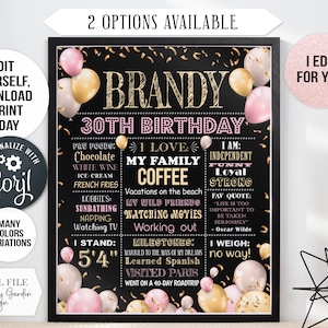 Póster editable de pizarra con globos dorados con purpurina para cumpleaños de adultos de 30, 40 y 50 años. Banner de hito para fiesta de cumpleaños. Descarga instantánea 072 G