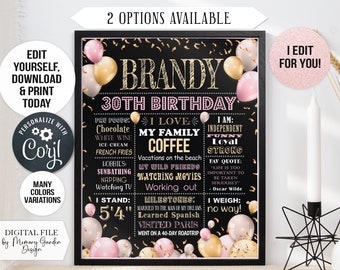 Editable Glitter golden balloons Adult 30th 40th 50th Birthday Chalkboard Poster. Milestone banner party smash cake. Instant Download 072 G