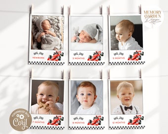 EDITABLE Fast One Boy First Birthday Photo Banner I Vintage Red Race car DIY Monthly Cards I Racing car milestones I Instant Download 043 PB
