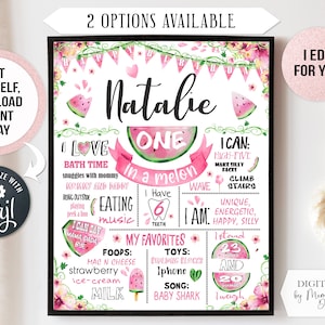 EDITABLE One in a melon First Birthday Chalkboard Poster Printable milestone banner for girl outdoor party. Personalized Digital file (201)