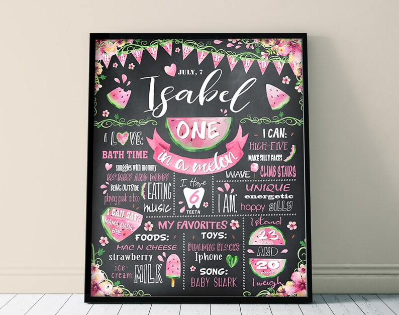 Personalized Digital file 068black One in a melon First Birthday Chalkboard Poster Printable milestone banner for girl or boy party